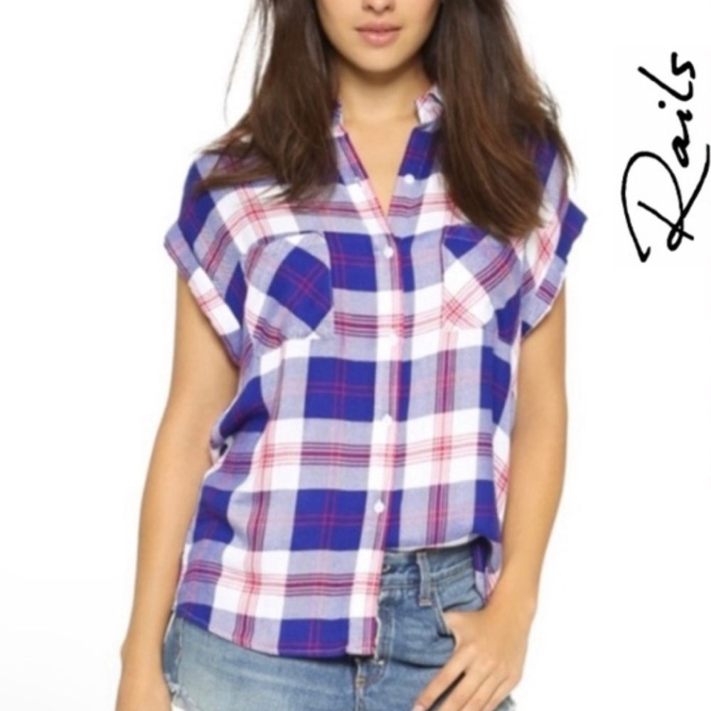 Rails Britt Plaid Short Sleeve Button Shirt Navy Red White